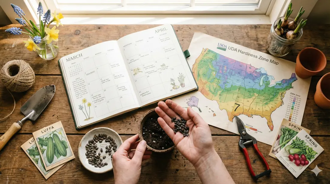USDA hardiness zone map overlay with luffa seeds and planting calendar visual elements