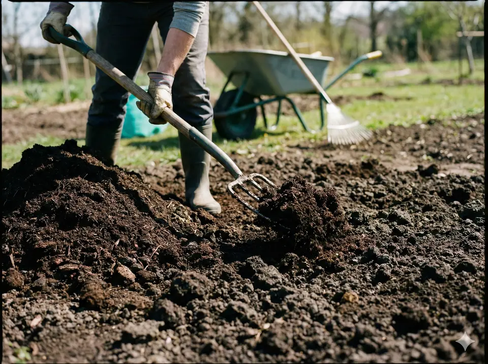 Gardener preparing raised bed or garden plot with compost for luffa planting