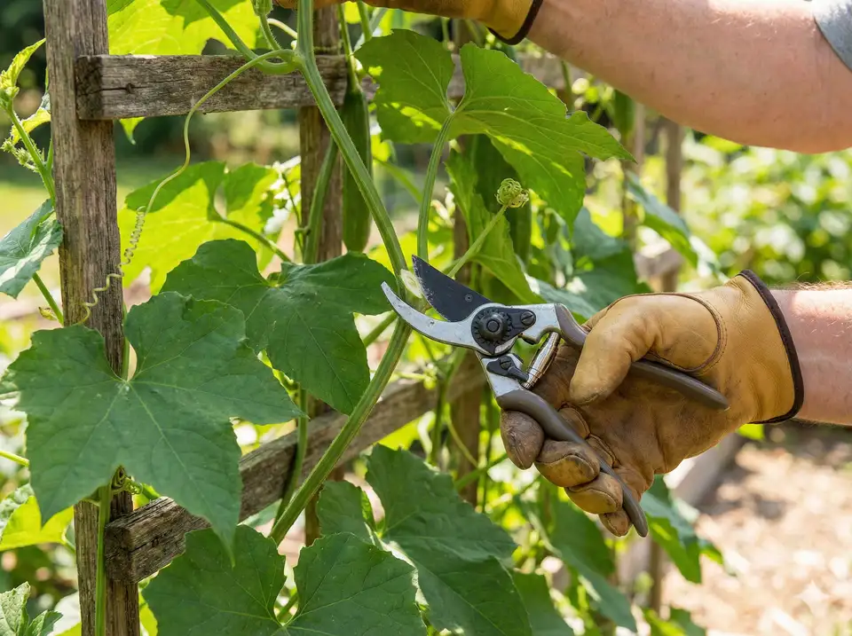 Gardener using pruning shears to trim excess luffa vine growth and lateral stems