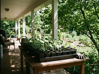 Luffa seedlings in trays outdoors being hardened off before transplanting