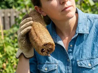 Shaking luffa gourd to hear seeds rattle inside