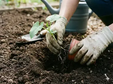 Hands transplanting young luffa seedling into prepared garden bed with rich soil