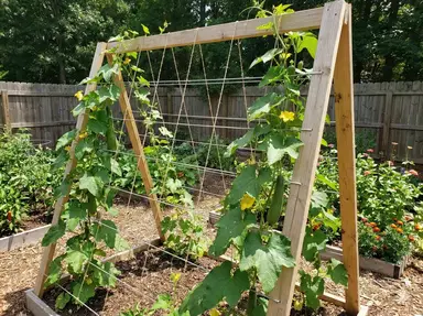 Wooden A-frame trellis structure with luffa vines beginning to climb
