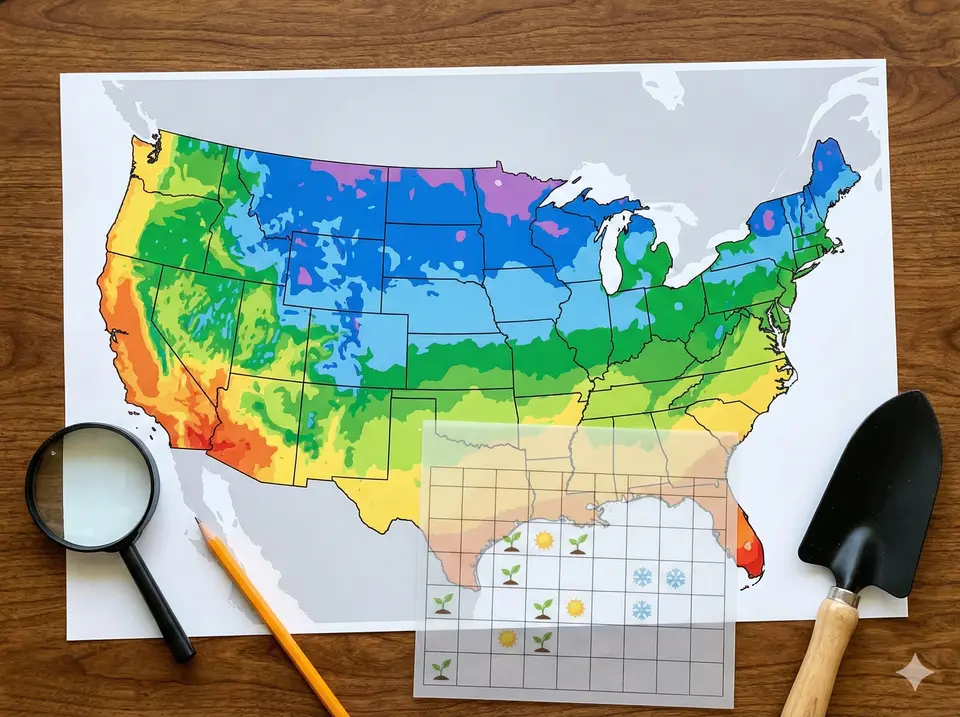 USDA hardiness zone map with last frost date indicators for luffa planting timing