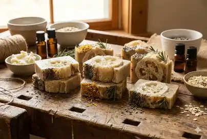 Handmade natural soap bars with loofah and dried herbs