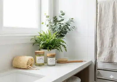 Woman using natural skincare products in bright bathroom setting