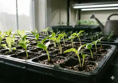 Healthy seedlings growing in starter trays with fresh green sprouts
