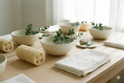 Natural bath products and loofah sponge in spa setting with greenery