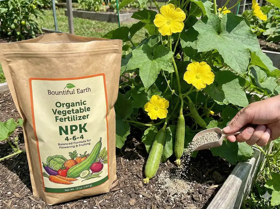 Organic vegetable fertilizer showing balanced NPK ratio suitable for fruiting plants with luffa plant showing flowers and young fruits