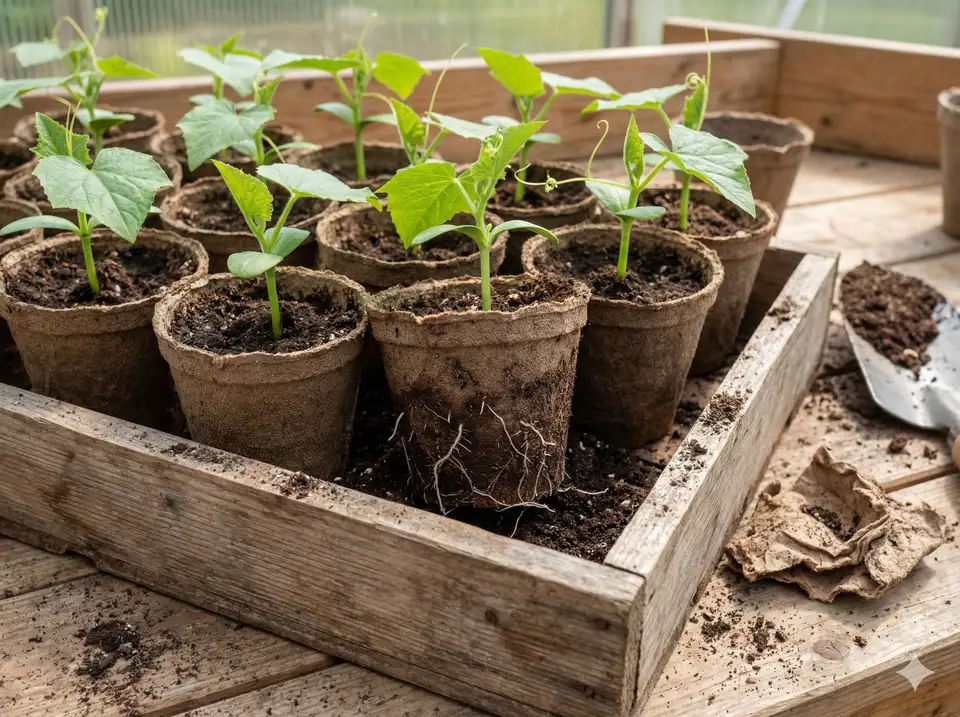 Biodegradable peat pots with loofah seedlings ready for transplanting