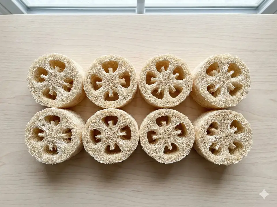 Natural loofah sponges cut into convenient slices showing cross-section of fibrous interior structure