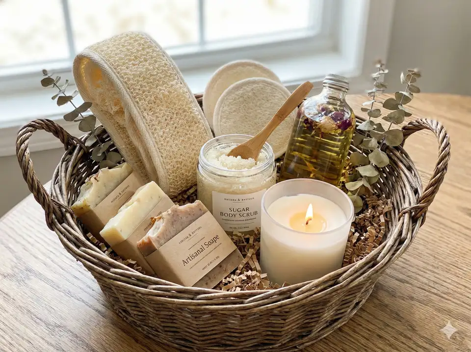 Deluxe spa basket with loofahs soaps oils and bath accessories