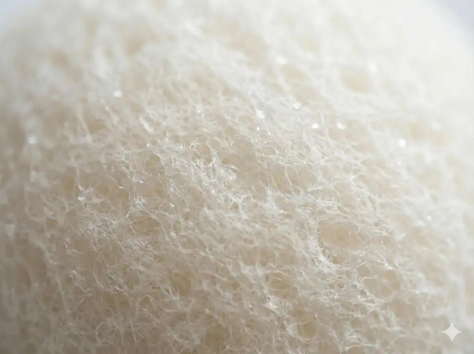 Extreme close-up of konjac sponge showing very fine soft fibers ideal for sensitive skin
