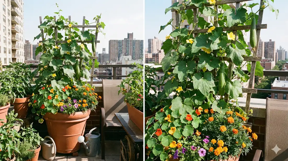 Large container setup for growing luffa on a balcony