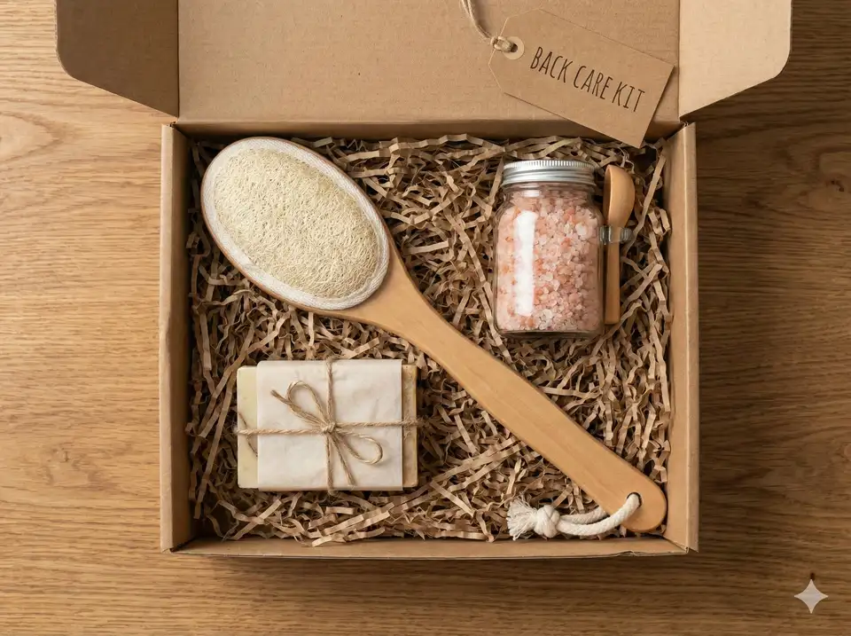 Gift set featuring loofah back scrubber with complementary products