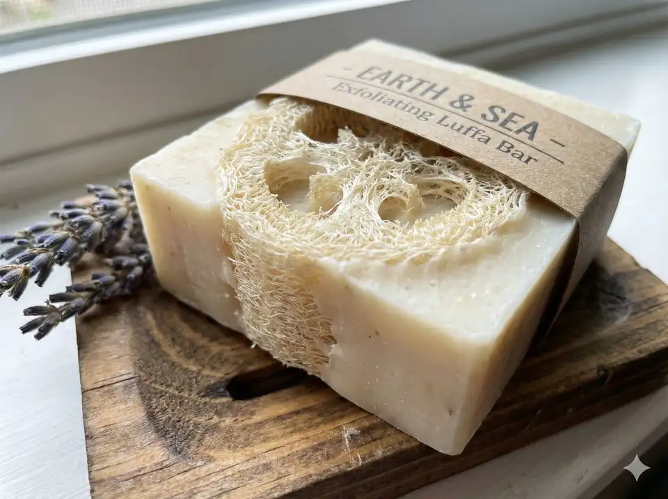 Bar of natural soap with luffa slice embedded inside creating exfoliating soap bar