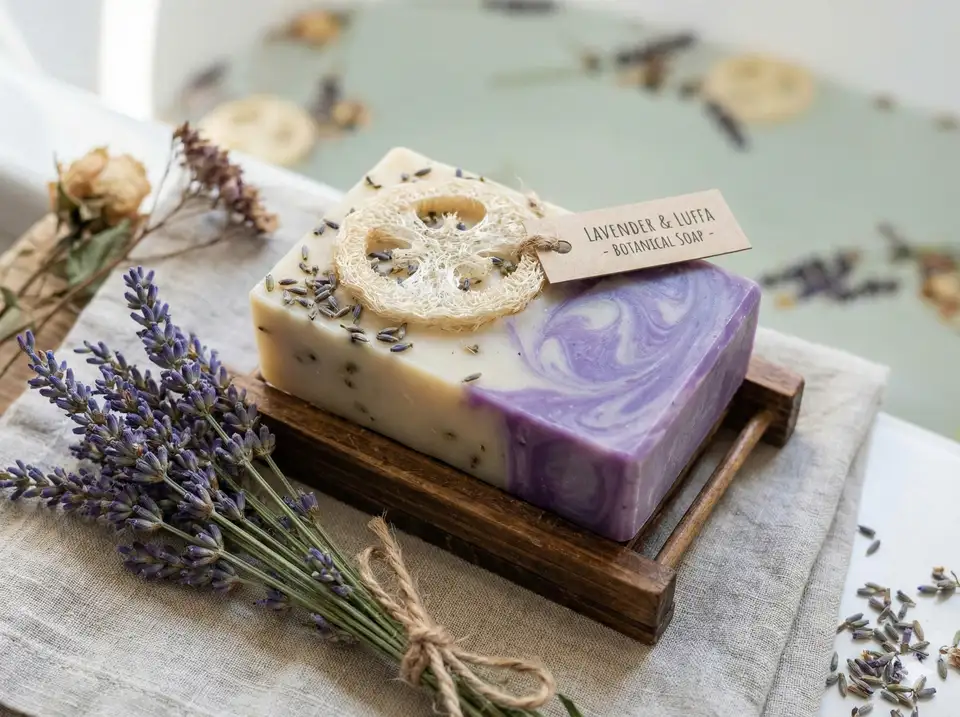 Loofah soap bar with lavender and herbs for aromatherapy