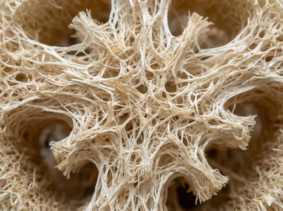 Extreme close-up of luffa sponge fibers showing firm fibrous structure and exfoliating texture