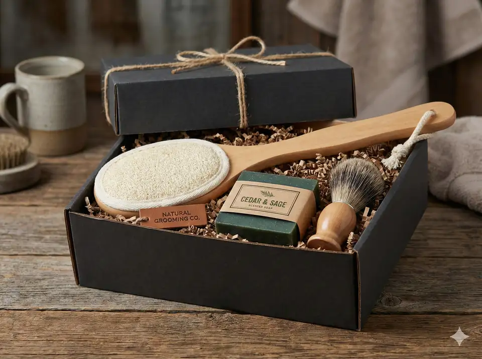 Masculine loofah grooming set with mens soap and accessories