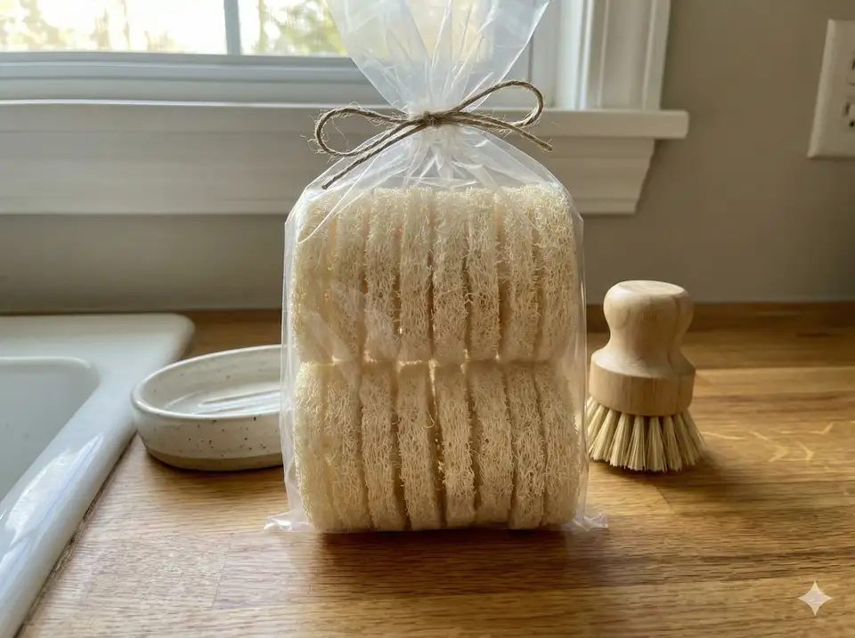 Set of small loofah sponges for general kitchen cleaning arranged neatly showing multi-pack value