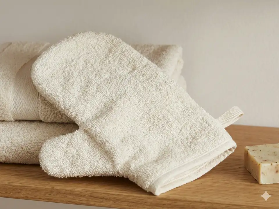 GOTS-certified organic cotton bath mitt with textured weave for gentle exfoliation and applying body scrubs