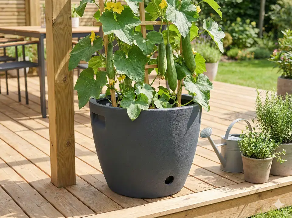 Modern lightweight resin planter with loofah vine growing on patio deck, showing practical affordable container option that's easy to move and position
