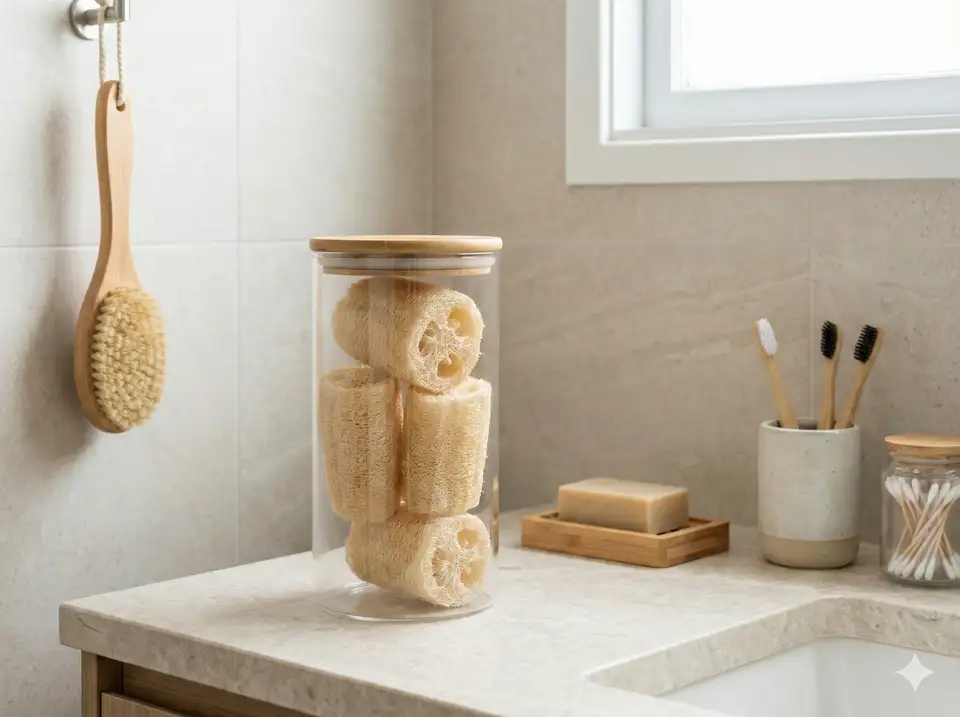 Clear glass jar storing dried luffa sponge on bathroom counter with other zero-waste items