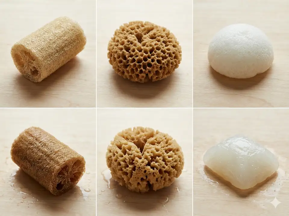 Grid layout showing luffa, sea sponge, and konjac both dry and wet demonstrating how each changes when saturated