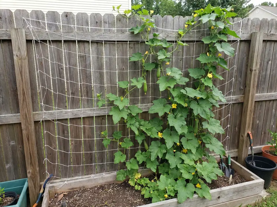 Wall-mounted trellis netting attached to fence with loofah vines climbing vertically, showing budget-friendly DIY support option using heavy-duty garden netting for luffa