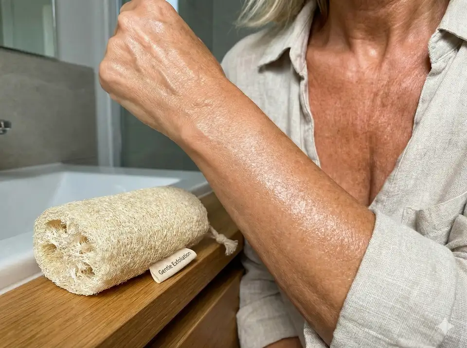 Healthy mature skin on arms showing improved tone from regular loofah use and consistent exfoliation
