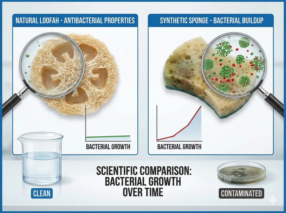 Scientific-style comparison showing natural antibacterial properties of loofah vs bacterial buildup on synthetic sponge