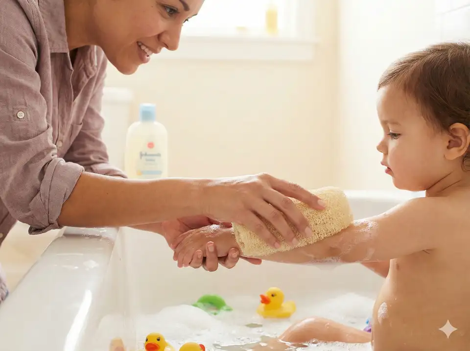 Parent guiding child's hand with loofah in gentle circular motions during bath time, educational moment