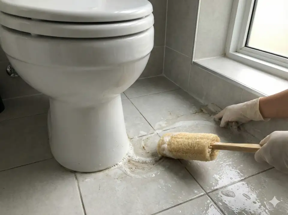 Scrubbing bathroom tile floor with loofah on handle