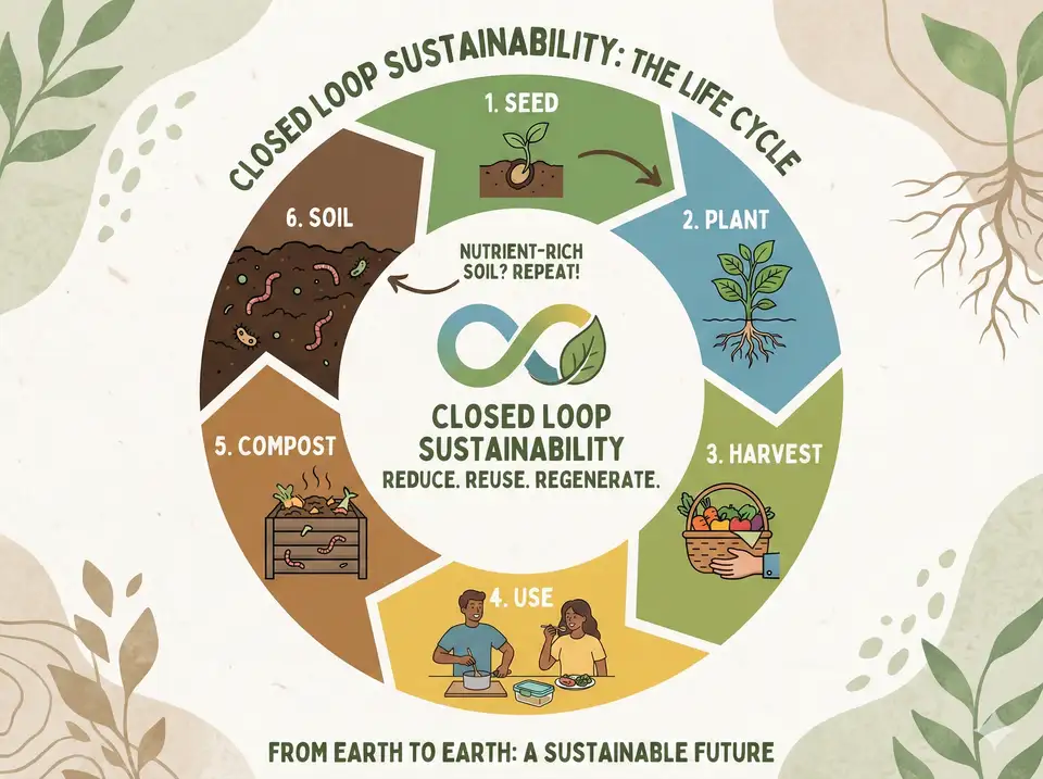 Circular infographic showing loofah's complete biodegradable lifecycle from seed to compost