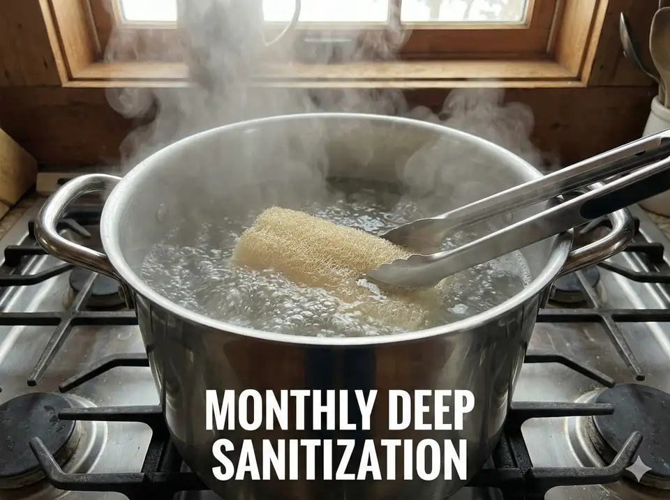Stainless pot on stove with loofah being boiled in water with steam rising