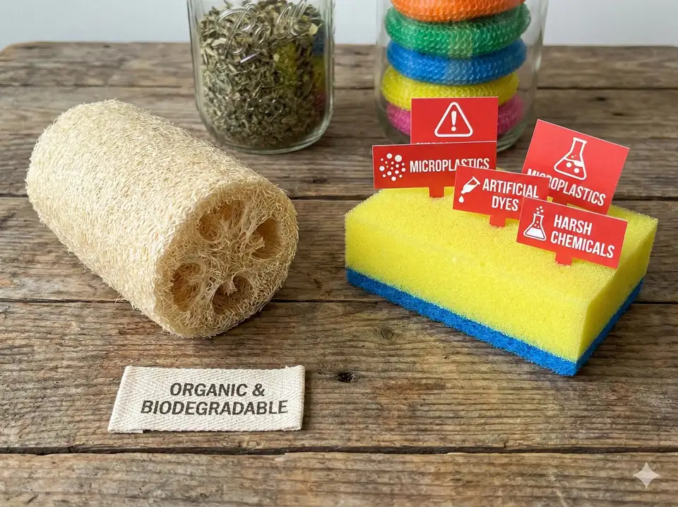 Natural loofah with organic label next to synthetic sponge showing ingredient concerns - microplastics, dyes, chemicals