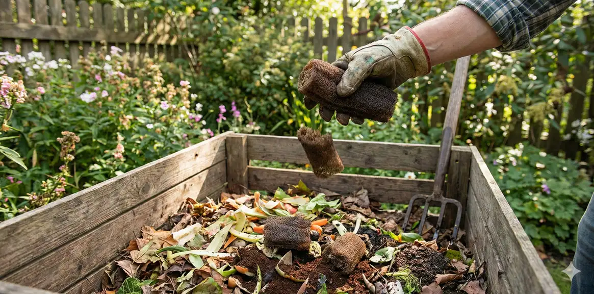Adding loofah pieces to compost bin