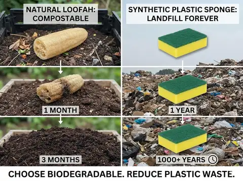 Comparison of loofah breaking down into compost vs plastic sponge lasting 1000+ years