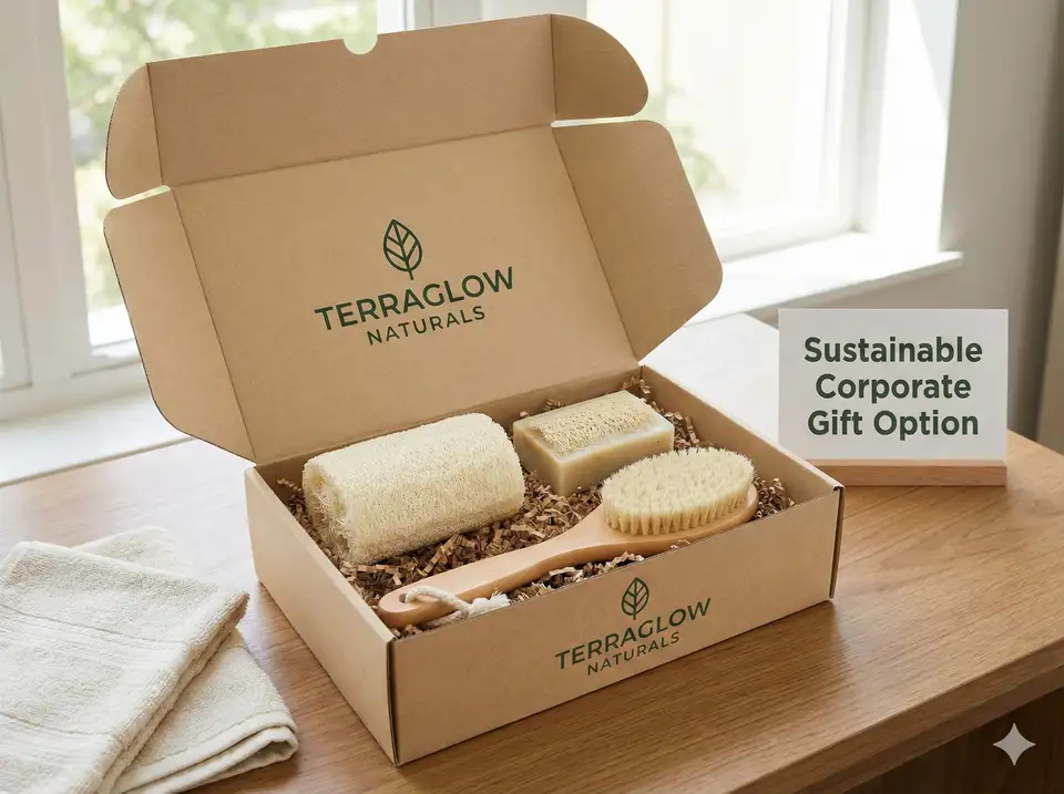 Corporate eco-friendly gift sets featuring branded loofah products for sustainability initiatives
