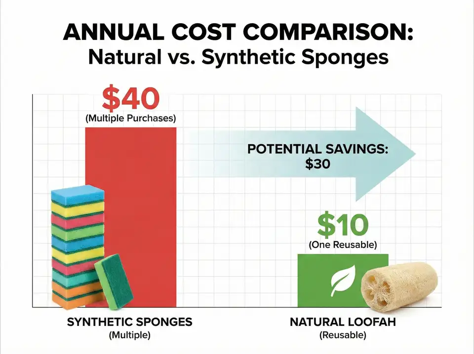 Bar chart visual comparison of annual cost buying multiple synthetic sponges vs one reusable loofah with dollar amounts