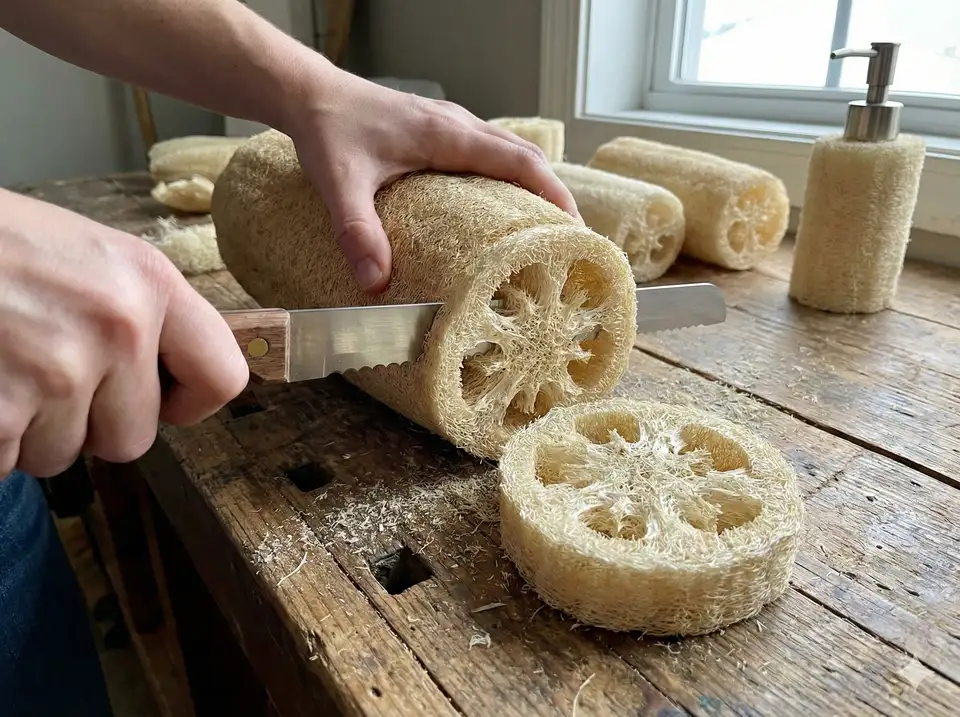 Cutting 2-inch thick loofah slice for soap dispenser base