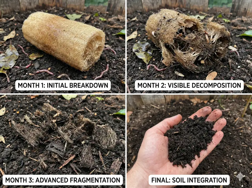 Loofah decomposition stages over 3-6 months in compost