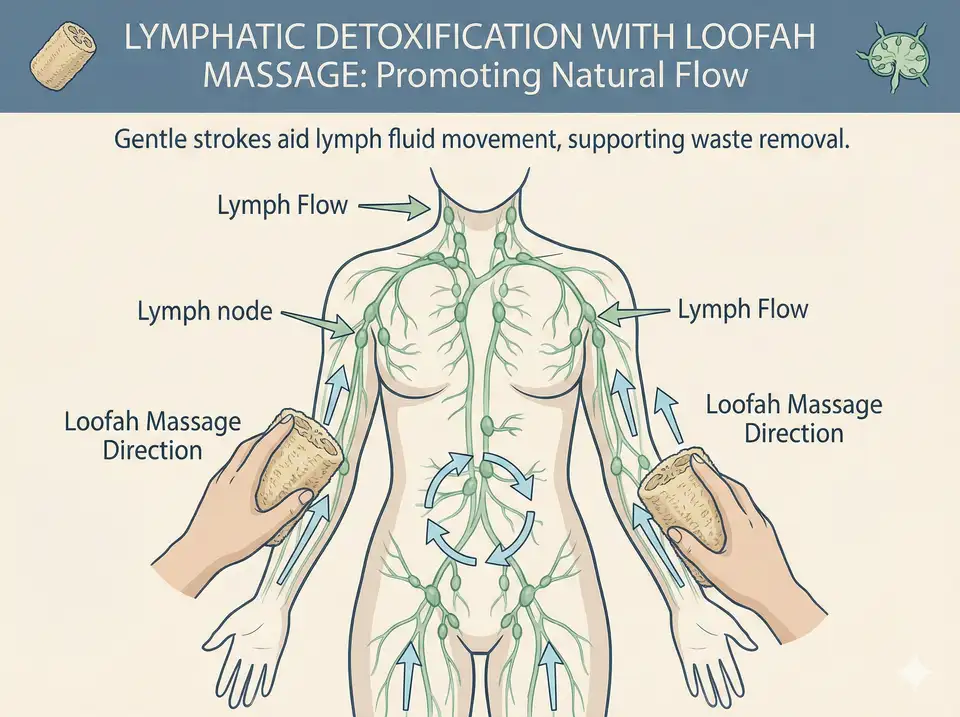 Educational infographic showing lymphatic system pathways with arrows indicating how loofah massage aids natural detoxification