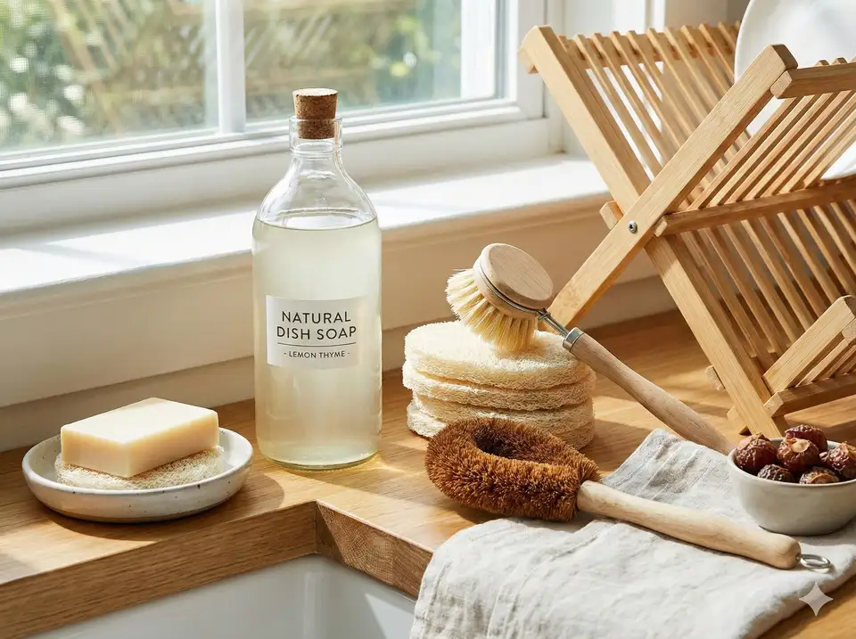 Eco-friendly dish soap used with natural loofah scrubber