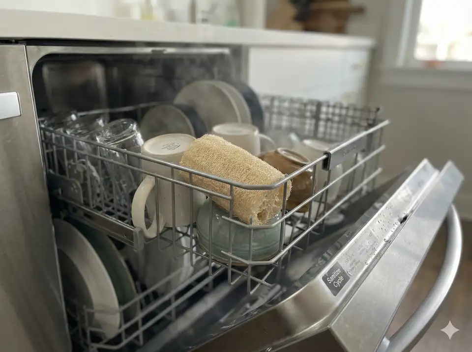 Open dishwasher showing loofah secured on top rack for easy hands-free sanitization
