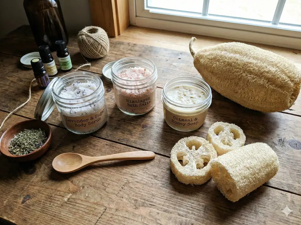 Homemade bath products in reusable containers with loofah
