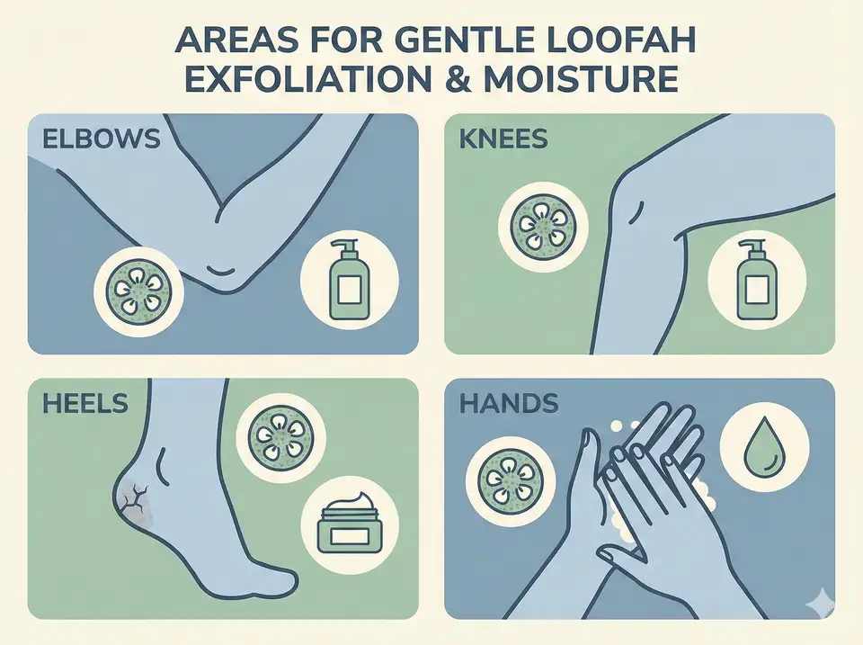 Body diagram highlighting common dry skin areas for loofah treatment