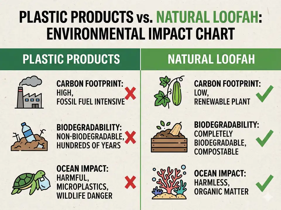 Infographic showing environmental impact of plastic vs loofah
