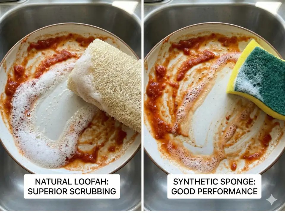 Split comparison of loofah and synthetic sponge scrubbing identical dirty dishes demonstrating equal or superior loofah performance
