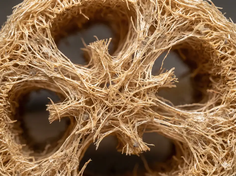 Macro shot of deteriorating loofah fibers breaking down